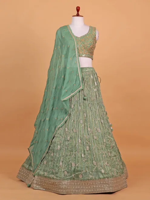 Pista green silk striped lehenga choli for women