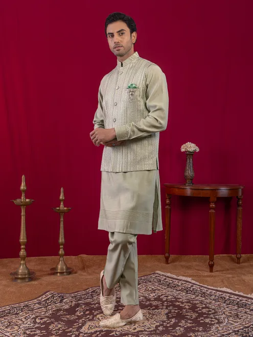 Pista green silk waistcoat set for men