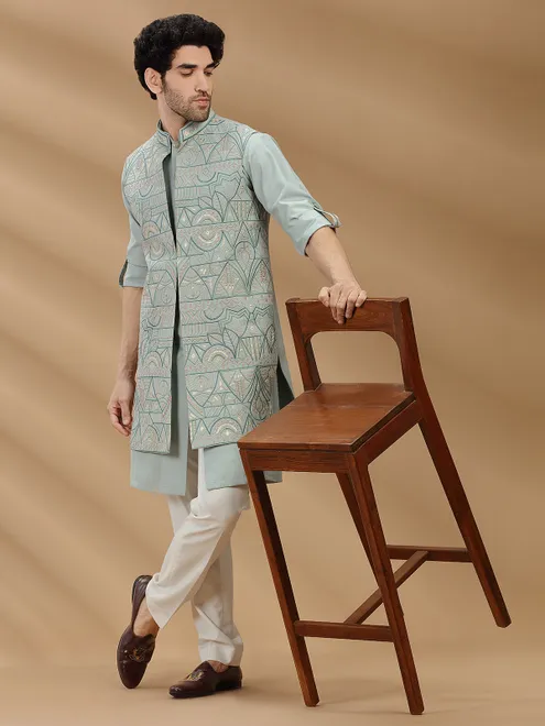 Pista green silk waistcoat set for wedding