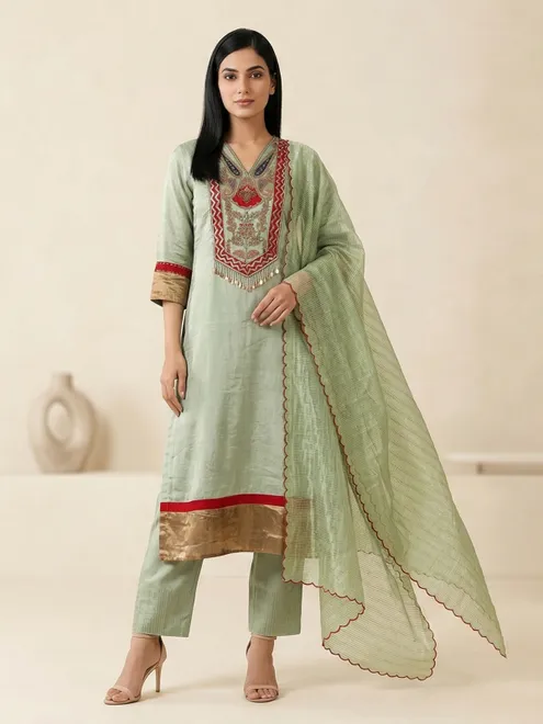 Pista green silk yoke style festive salwar suit