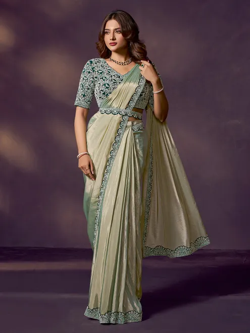 Pista green soft silk saree with waist belt glamour