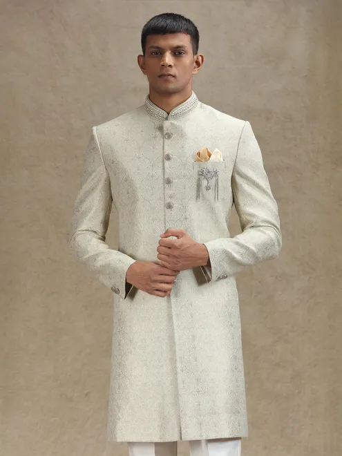 Pista green textured jacquard zari weaved indo western
