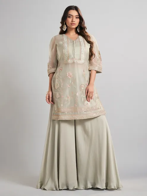 Pista green tissue and satin silk designer palazzo suit