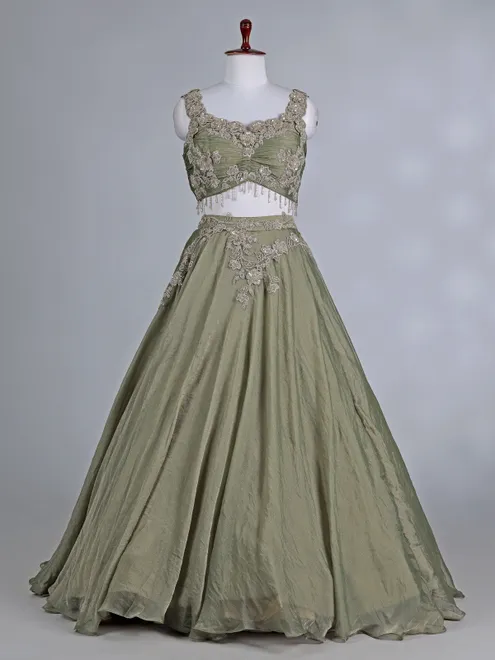 Pista green tissue organza lehenga choli with resham work