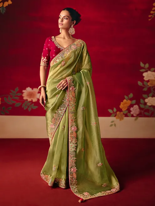 Pista green tissue organza wedding saree