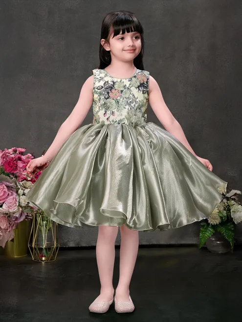 Pista green tissue silk frock with cutdana and sequins work