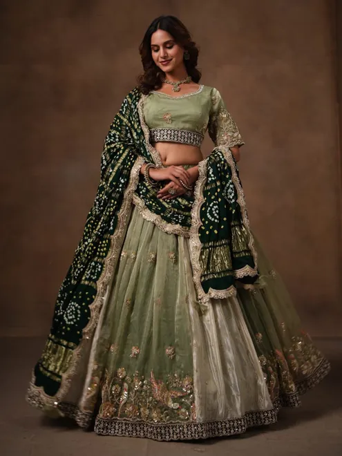 Pista green tissue silk lehenga choli for women