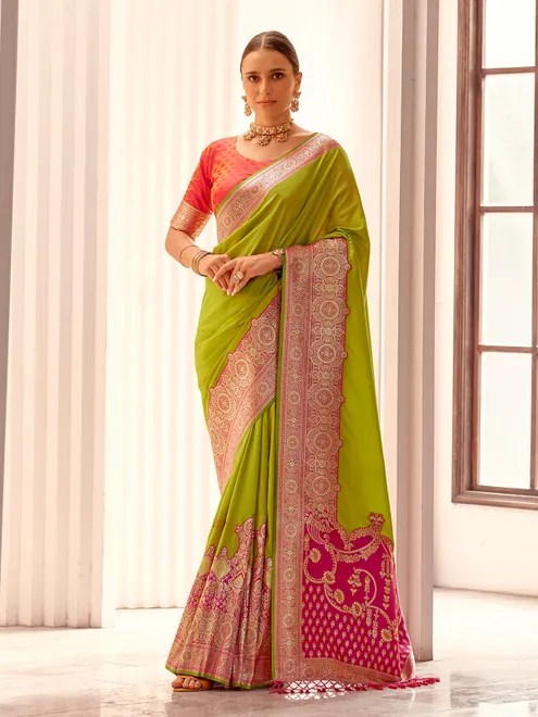 Pista green woven silk festive saree