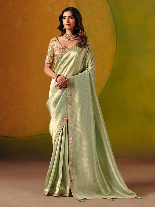 Pista green zari silk saree with readymade blouse