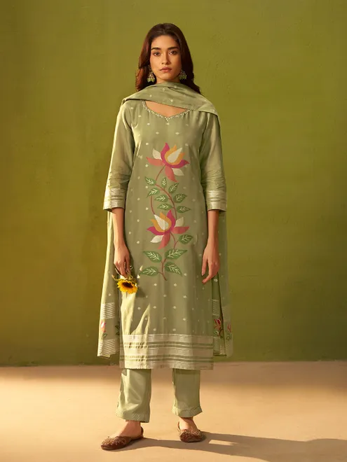 Pista green zari weaving silk kurti set