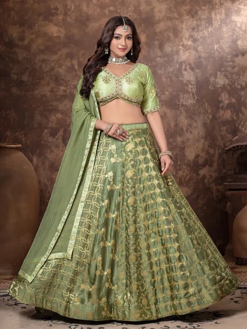 Pista green zari worked lehenga choli in silk
