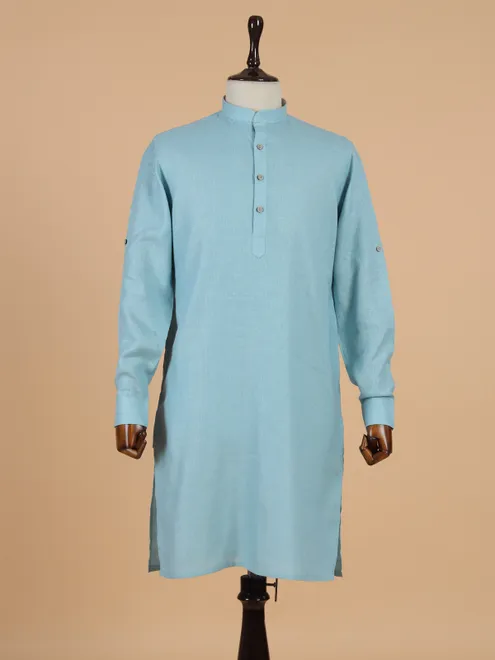 Plain aqua blue cotton silk kurta set for men