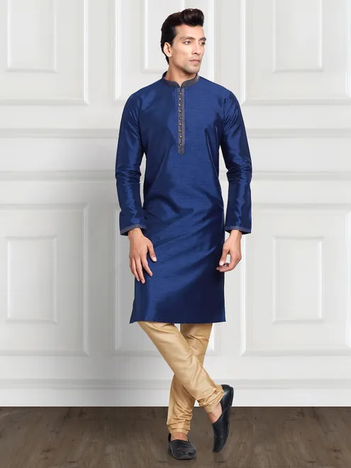Plain navy cotton silk  Men Kurta pajama