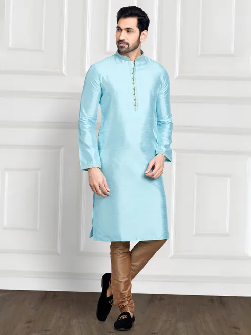Plain sky blue cotton silk  Men Kurta pajama