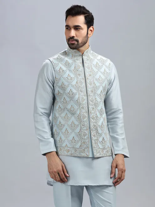 Powder blue silk waistcoat set for men