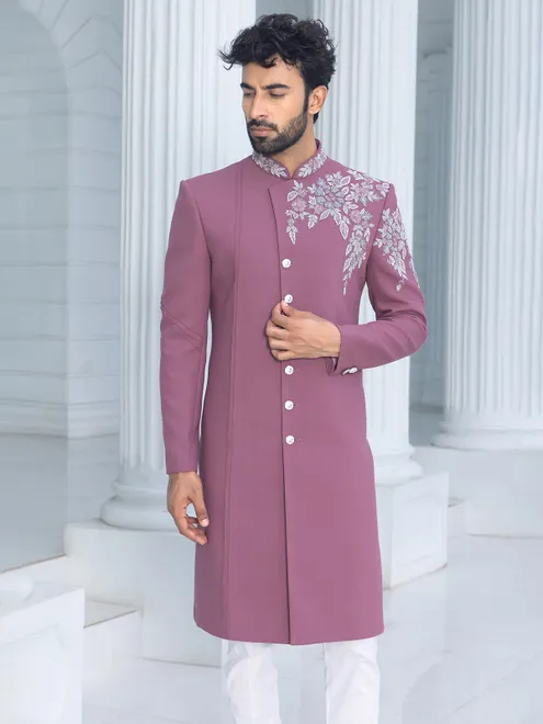 Powder pink terry rayon Indowestern for man