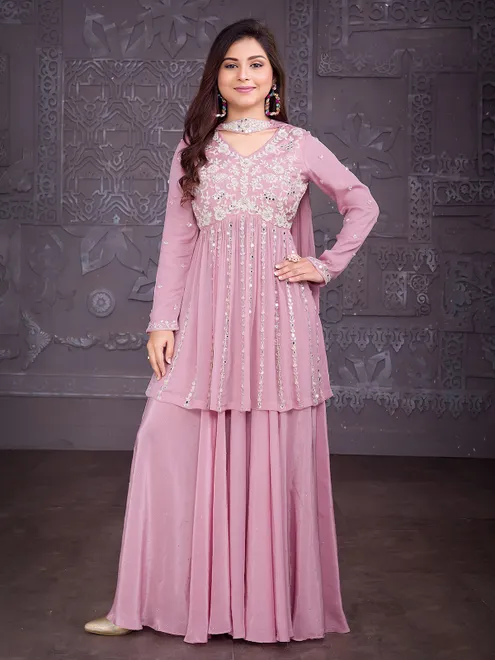 Pretty pink silk palazzo suit for festive wear