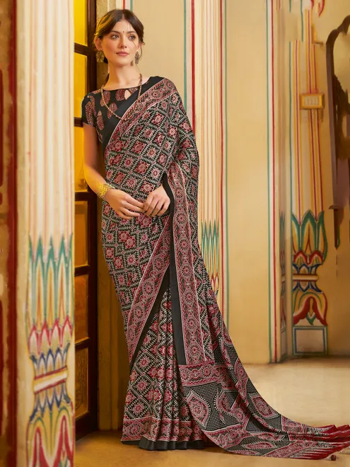 Printed black japan silk saree