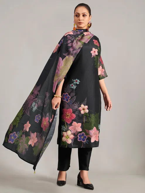 Printed black kurti set in silk