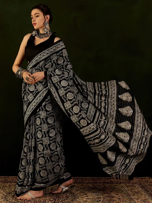 Printed black saree in bhagalpuri silk