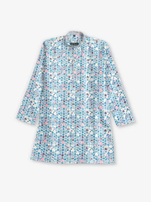 Printed cotton sky blue kurta pajama