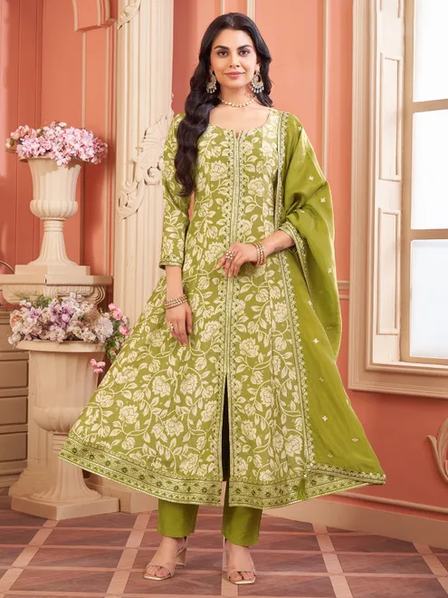 Printed green silk salwar suit for wedding wear