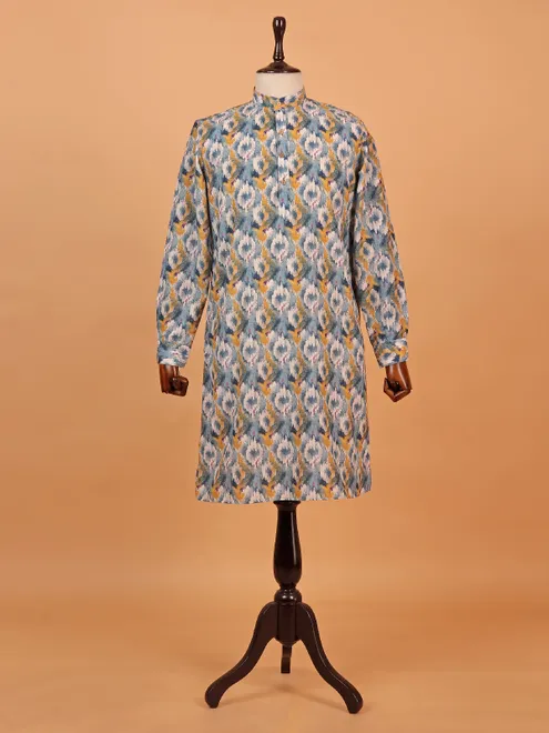 Printed grey cotton silk kurta set for men