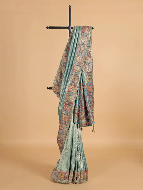 Printed mint green silk saree for wedding