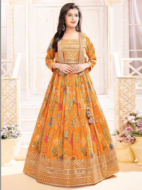 Printed orange silk lehenga choli for girls