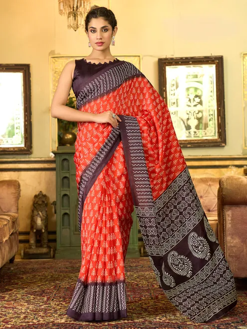Printed orange bhagalpuri silk saree