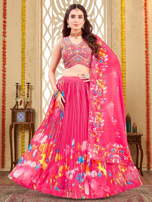 Printed pink silk lehenga choli