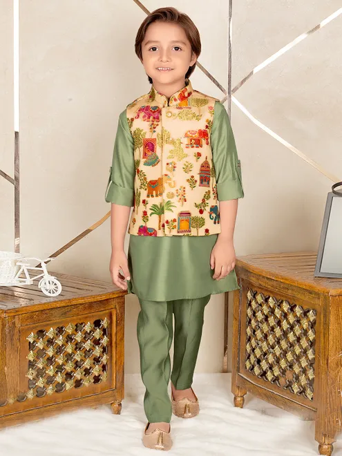 Printed pista green silk waistcoat set for boys