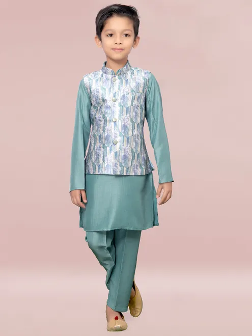 Printed rama green silk boys waitcoat set