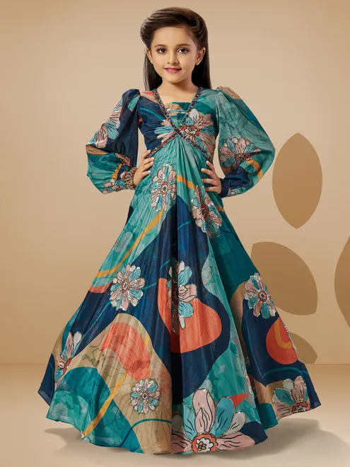 Printed rama green silk gown