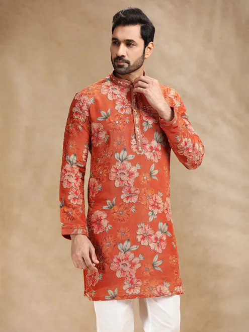 Printed rust red tissue silk festive kurta pajama