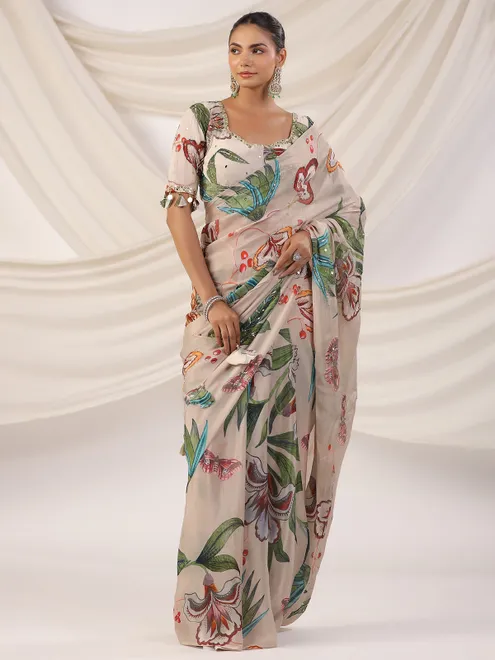 Printed satin silk beige saree
