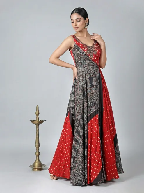 Printed satin silk red floor length suit