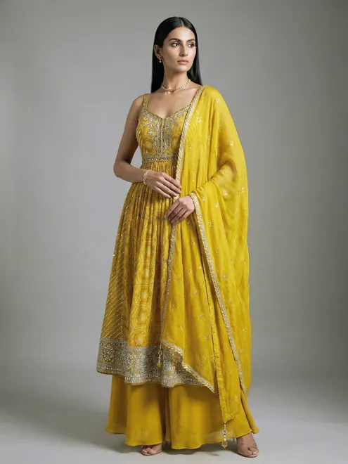 Printed silk musterd yellow palazzo suit