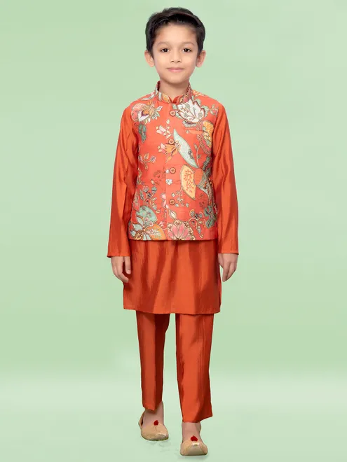 Printed silk orange waistcoat set for boys