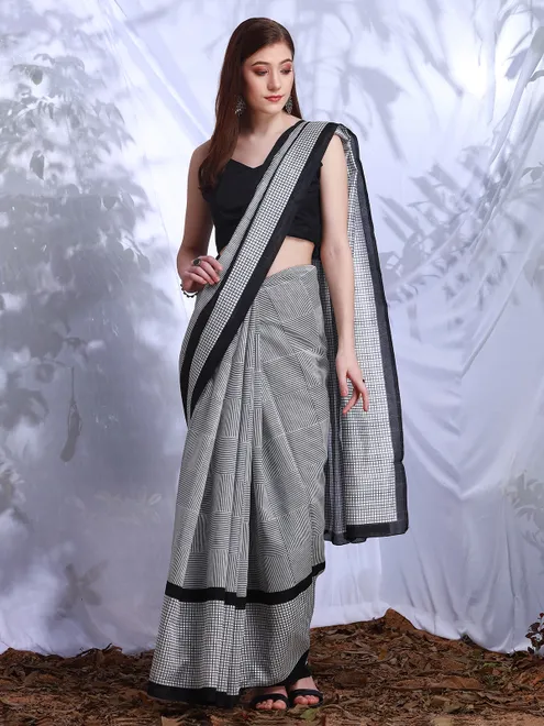 Printed white and black bhagalpuri silk saree
