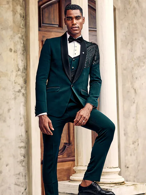 Prussian blue solid suede coat suit for reception