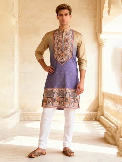 Purple and beige shaded cotton silk kurta suit