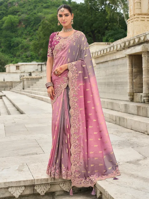 Purple and pink tissue silk printed saree