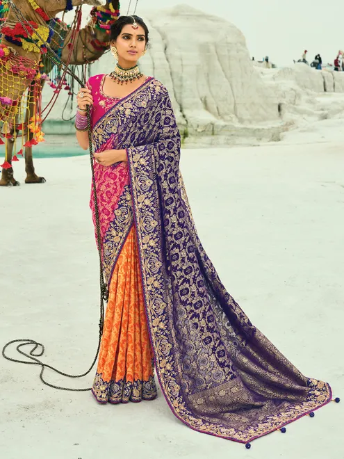 Purple and rani color bandhej georgette saree