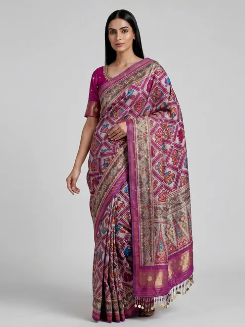 Purple and white patola silk saree with ornate motifs