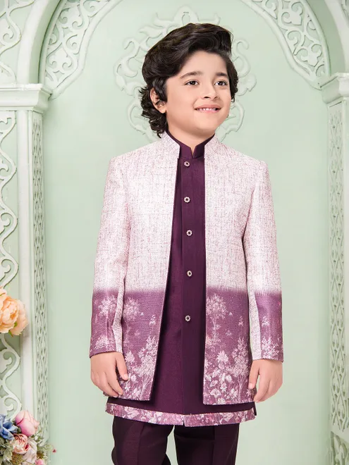 Purple and white silk indo western set