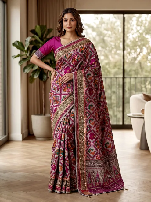 Purple art pattola silk saree with animal motifs