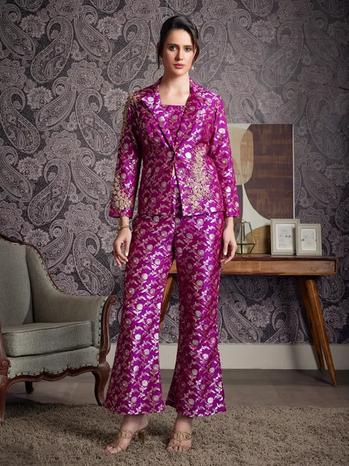 Purple banarasi silk jacket salwar suit