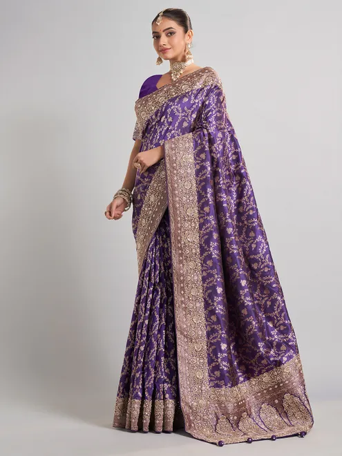 Purple banarasi silk saree with elegant thread and zari weaving