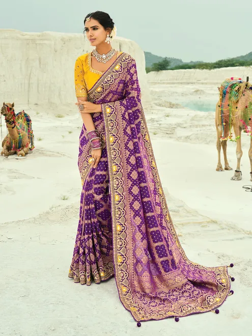 Purple bandhej georgette wedding saree
